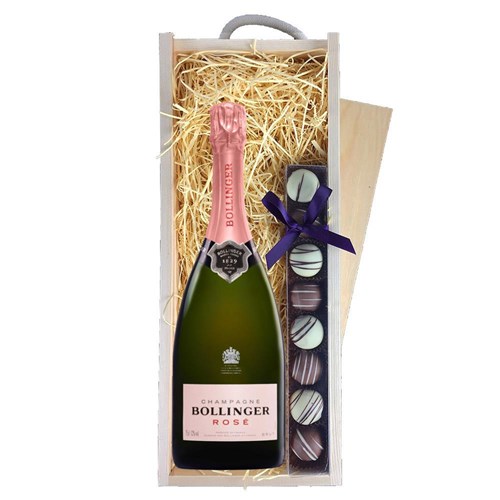 Bollinger Rose Champagne 75cl & Truffles, Wooden Box